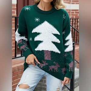 Christmas Tree Reindeer Sweater Green Sparkling Winter Scene Holiday Knit